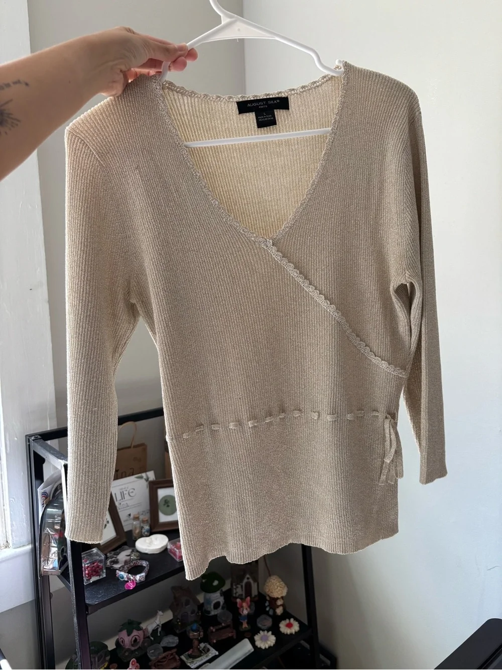 Y2K Fairycore Silk Cream Ribbed Knit Wrap Top Lace Cottage Blouse Small - Medium